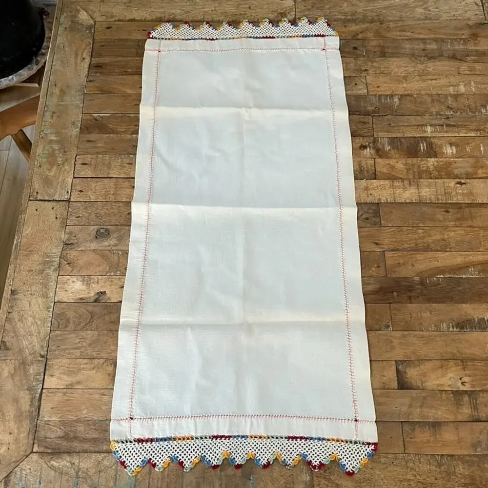 Vintage Handmade Cream Linen Table Runner Colorful Crochet Lace Edge
